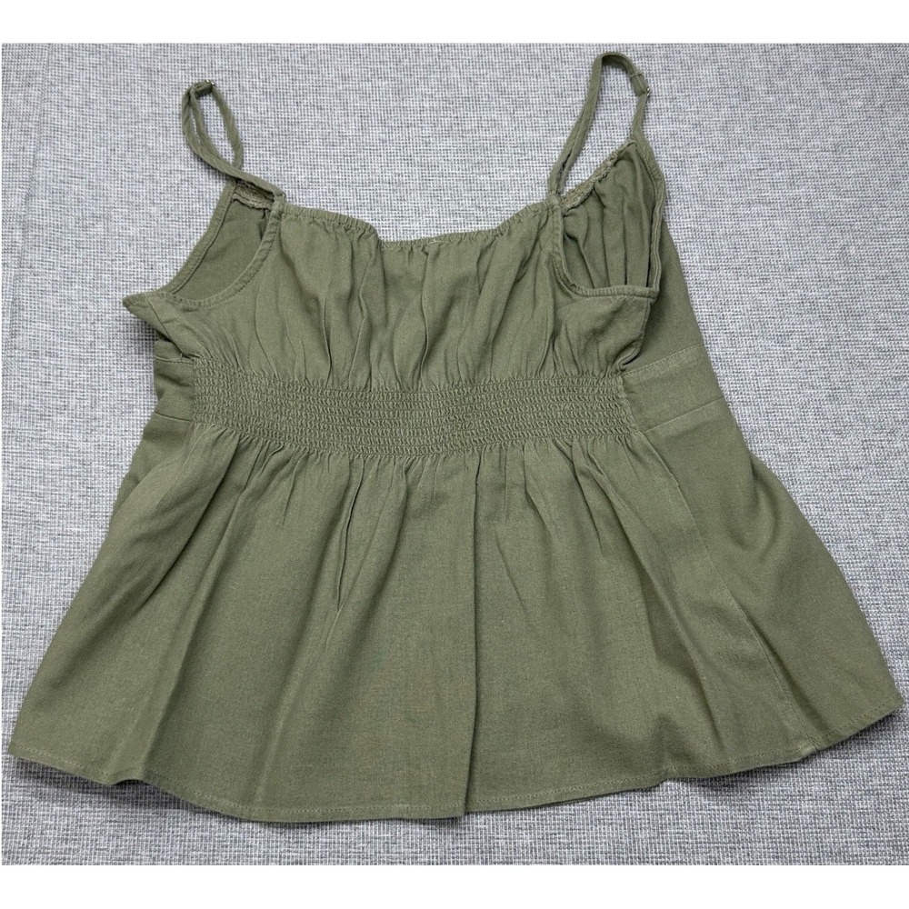 Love Tree Olive Green Babydoll Cami Top Smocked Back Peplum Blouse Large - Picture 2 of 3